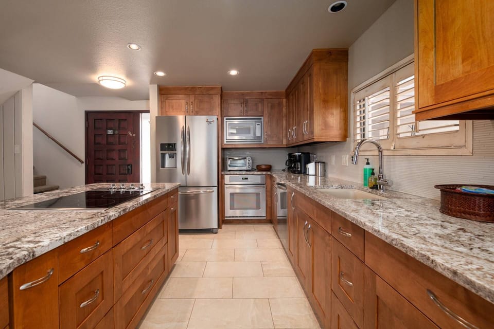 The blend of wood and stone creates a warm, welcoming atmosphere.