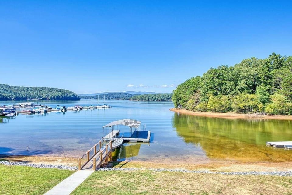 Aerial view of the dock and the surrounding lake area