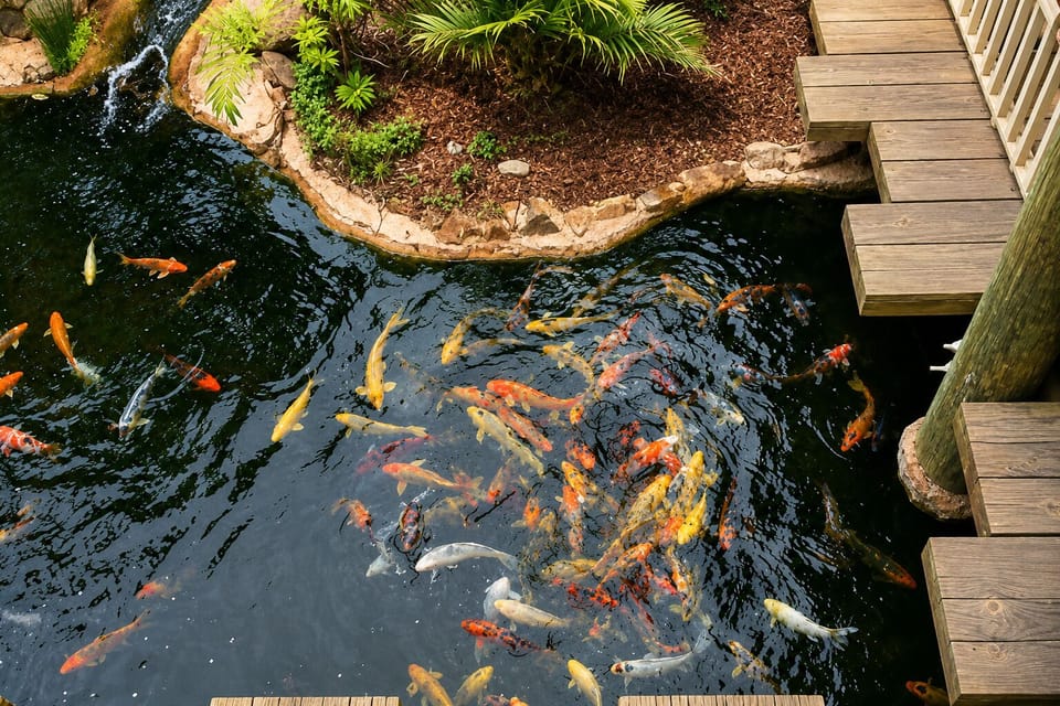 Children enjoy feeding the giant koi