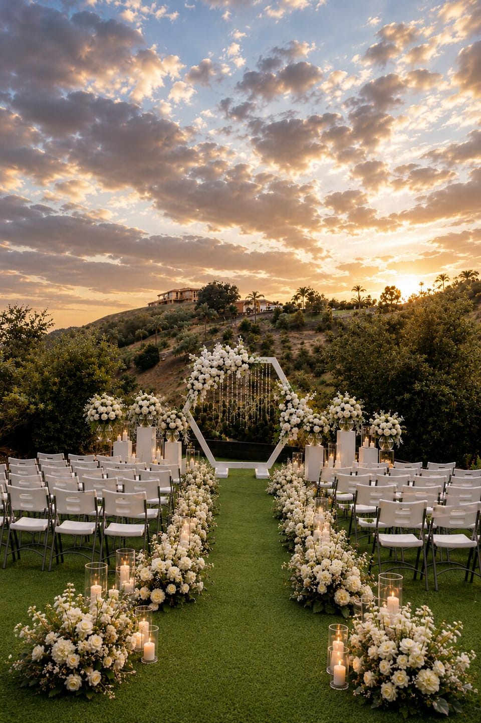 Romantic hilltop wedding setup with sunset views & elegant florals!