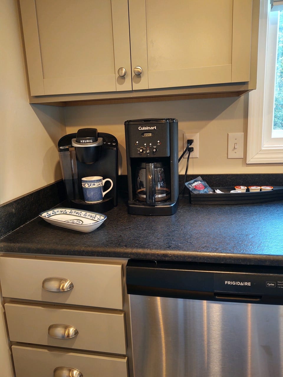 Keurig and Cuisinart drip coffee makers available with coffee and tea provided