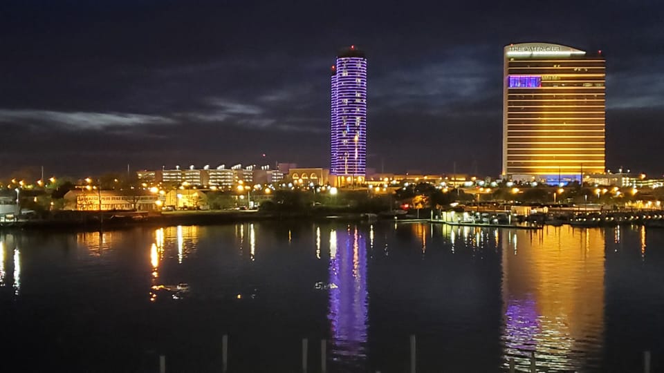 Casinos lighting up the State Marina. This view from kitchen, loft or bedroom.