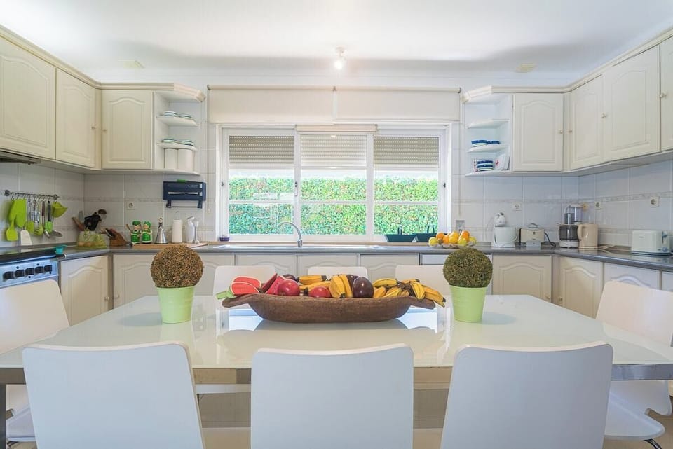 Modern kitchen with island and large garden windows — Villa Niki, holiday villa in Grândola