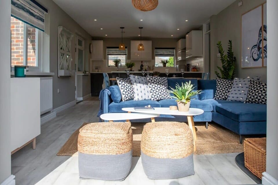 The entire view of the spacious living area and kitchen