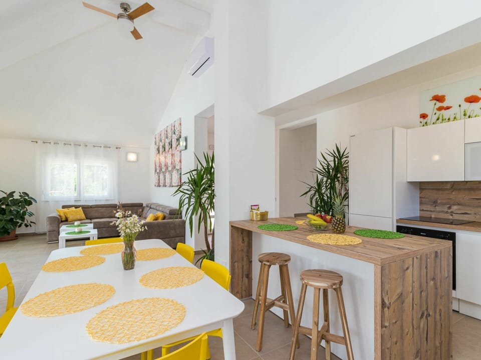 Table, Furniture, Property, Plant, Houseplant, Ceiling Fan, Orange, Wood, Lighting, Cabinetry