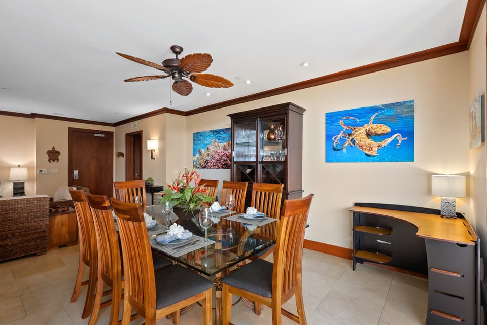 Dining area with eight-seat table