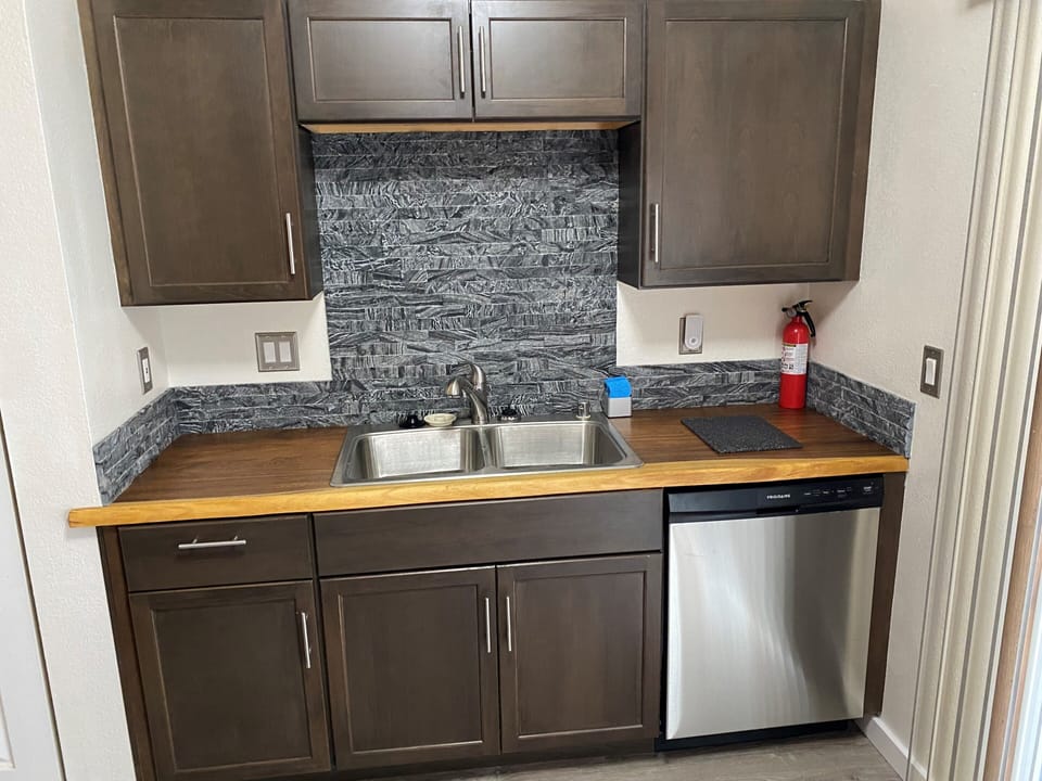Kitchen sink and dishwasher with hardwood counter
