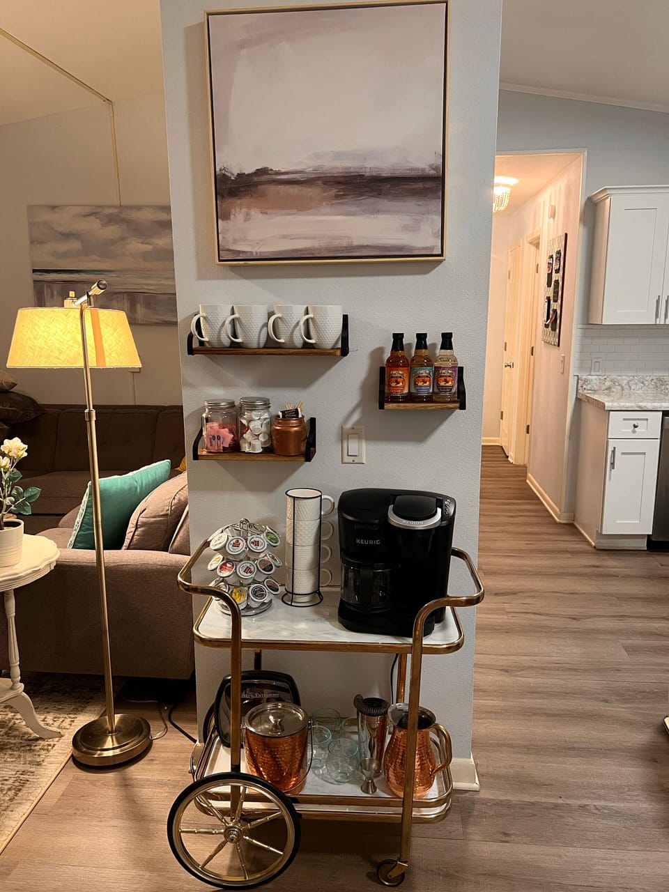 Coffee bar. Duel Keurig that brews single serve k-cups and coffee grounds. 