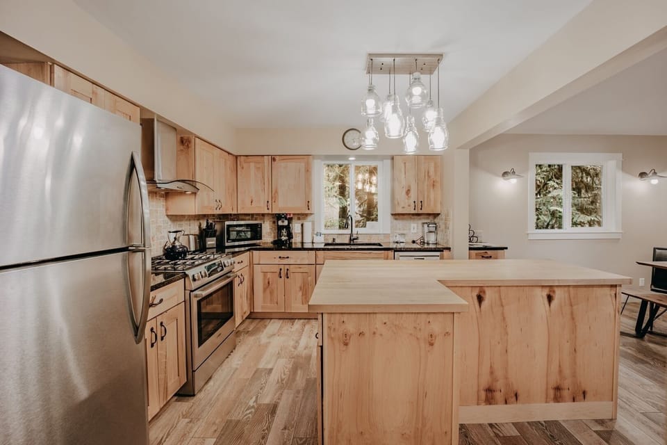 Indoors, Kitchen, Hardwood, Kitchen Island, Refrigerator