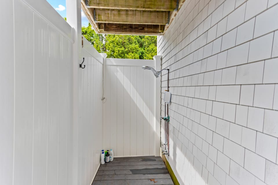 Outdoor shower and changing room.