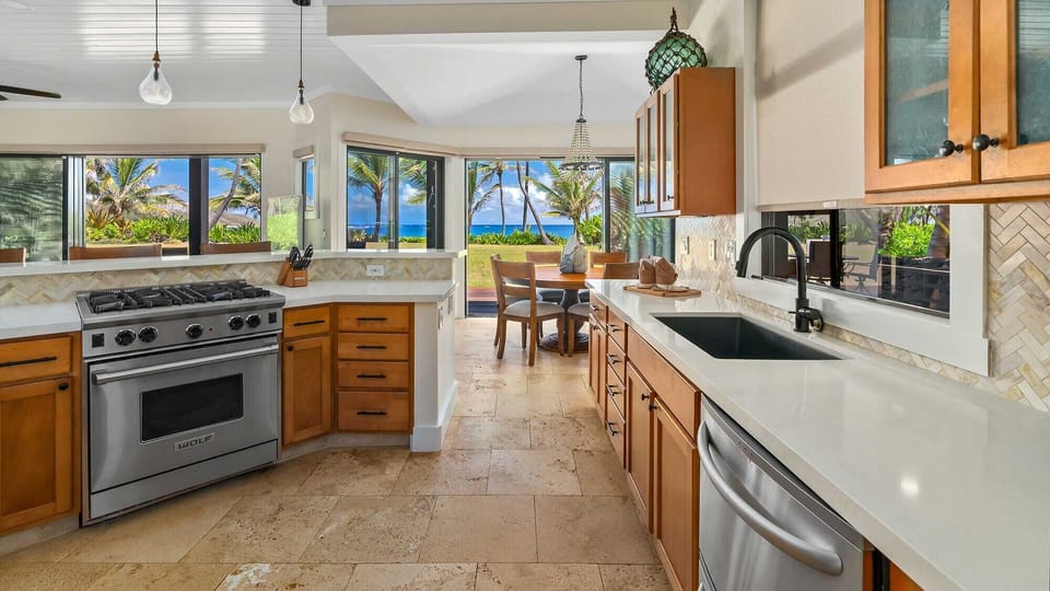 Anahola Beach Hale - Kitchen & Dining Ocean View - Parrish Kauai