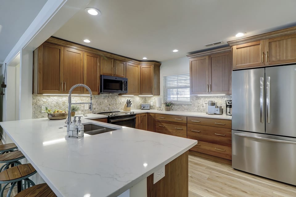 Ample counter space for cooking and dining.