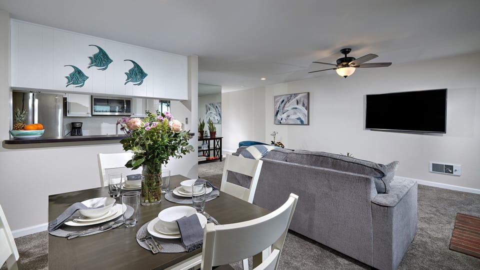 dining/lving room, counter on kitchen