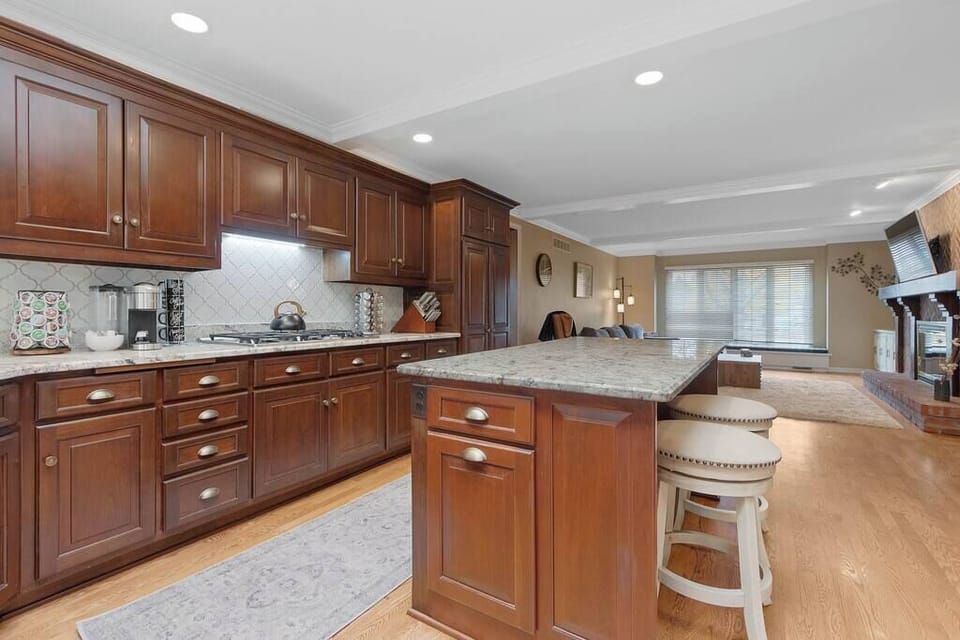 View of the kitchen facing the living room.  