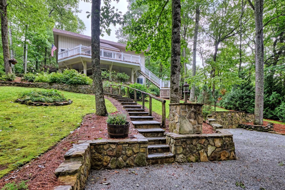 View from lower parking up to house