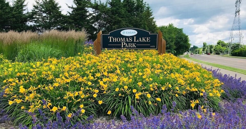 Thomas Lake Park walking trails, playground & facilities. 