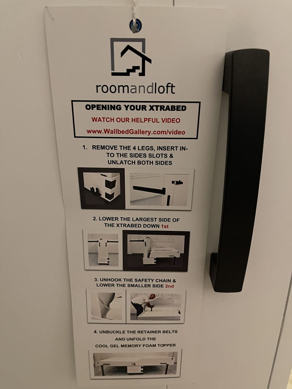 Murphy bed opening instructions . Pull cabinet away from wall when opening. 