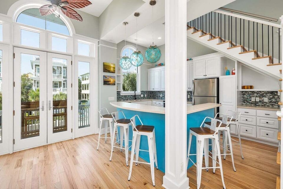 Open-concept kitchen with island seaating