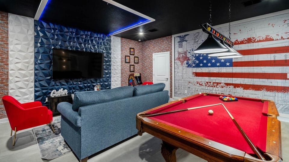 Game Room downstairs Has AC
75" Smart TV
Queen Sleeper Sofa
Pool Table Skee Ball
Video arcade