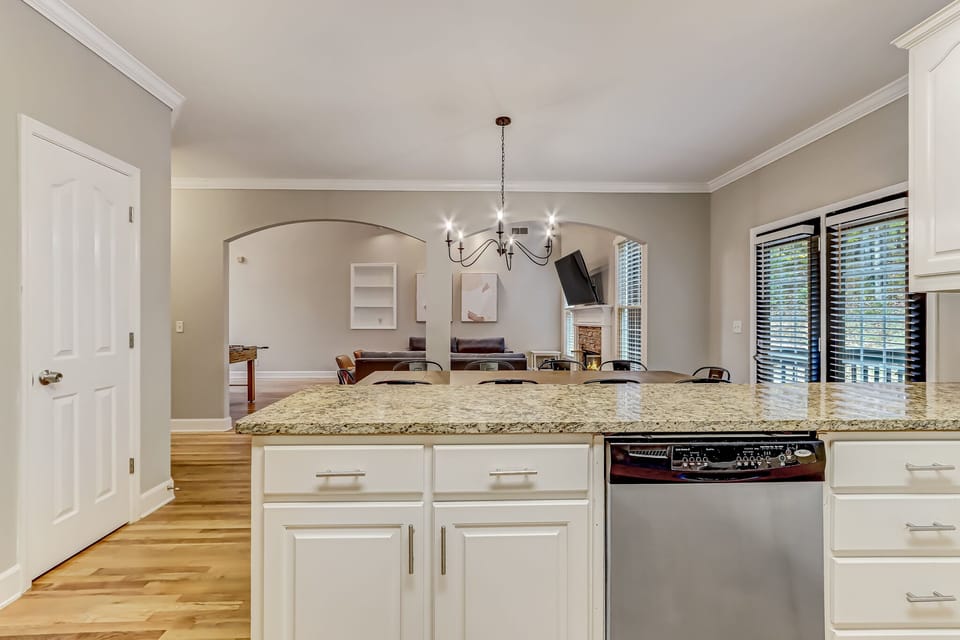 Kitchen open to dining and living room