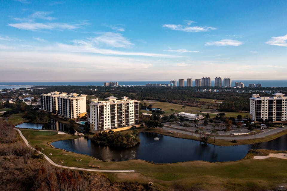 Drone shot of the Gulf in the background
