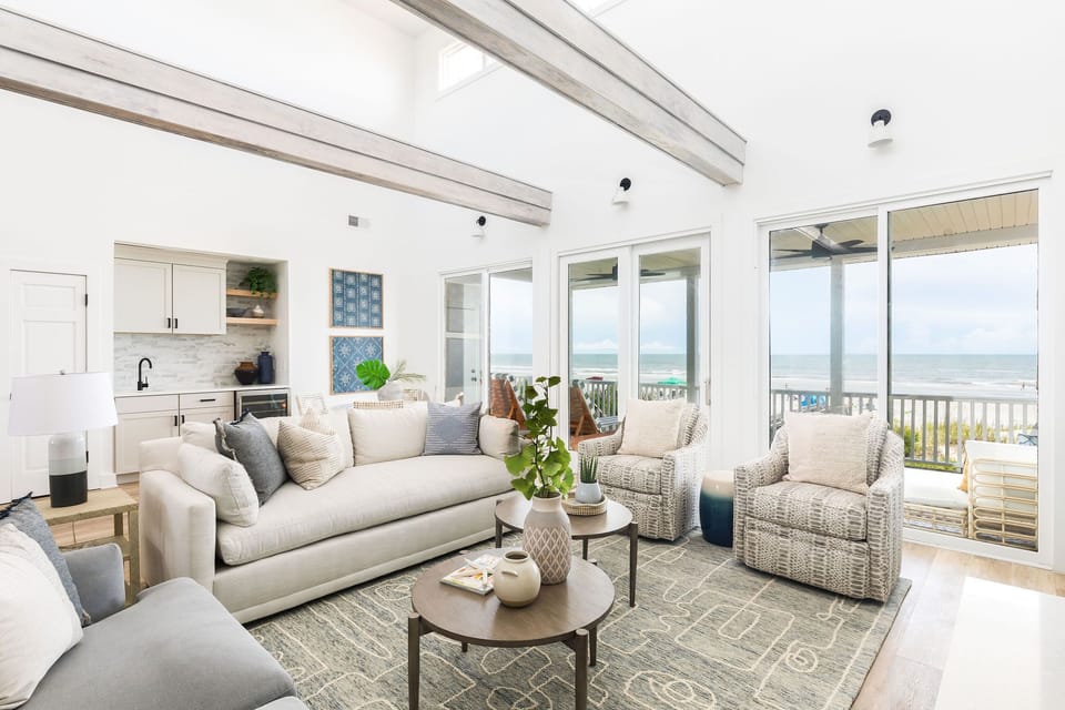 Bright and Airy Oceanfront Living Room – Gather with friends and family in this stylish coastal retreat.