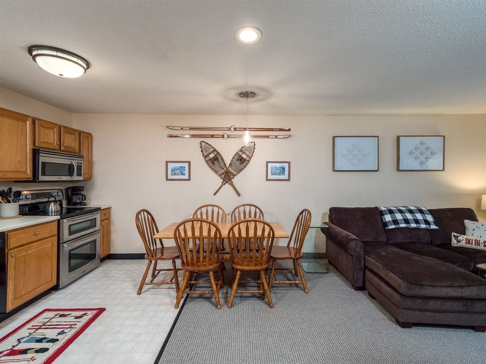 Kitchen, dining, and living area