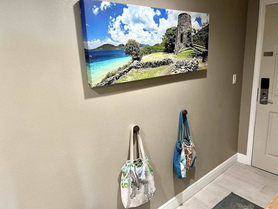 Entrance, Hanging Beach Bags with Beach Towels.