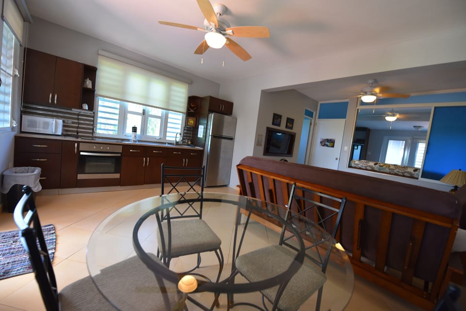 dinning table, A/C and ceiling fans all over