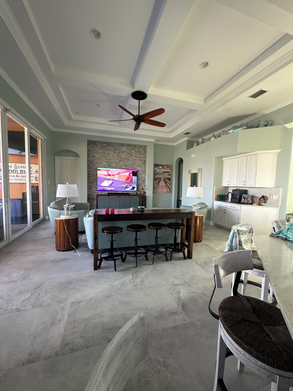 Family room with 85” smart tv