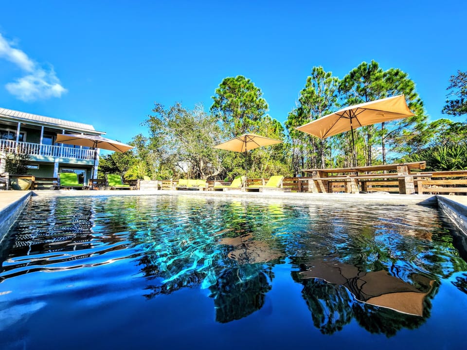 Refreshing forest-view pool with lounge chairs and umbrellas!