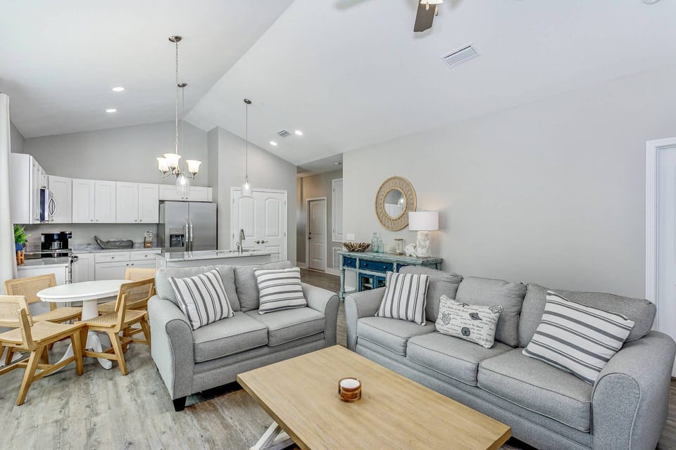 Spacious open concept layout of the living area and kitchen