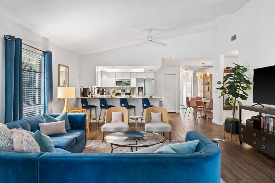 Family room has abundant comfy seating.