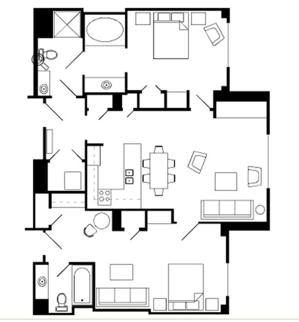Floorplan shows common space with two separate bedroom wings.