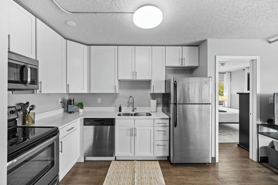 The kitchen is open, spacious and stocked with everything you might need during your stay.