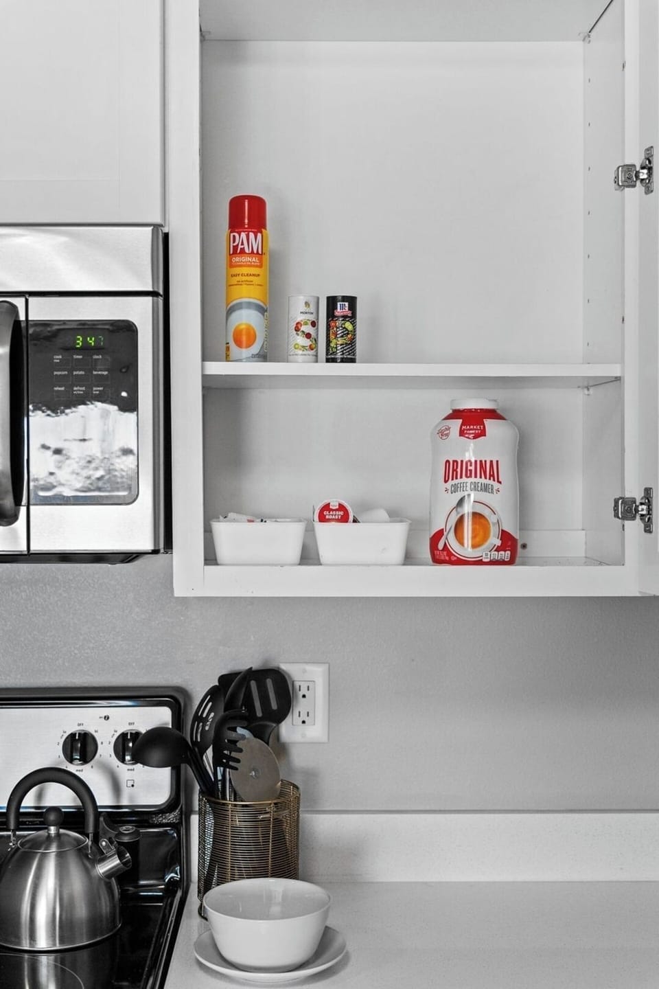 In the kitchen, we've provided sugar, k-pods, salt, pepper, olive oil and more for addd convenience!