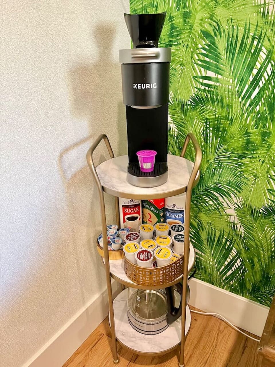 Start your day off right with a cup of coffee. Keurig with single use and reusable pods, in case you’d like to bring your own coffee and pour over coffee filter, too. Electric kettle is also provided for your convenience, plus sugars and creamer