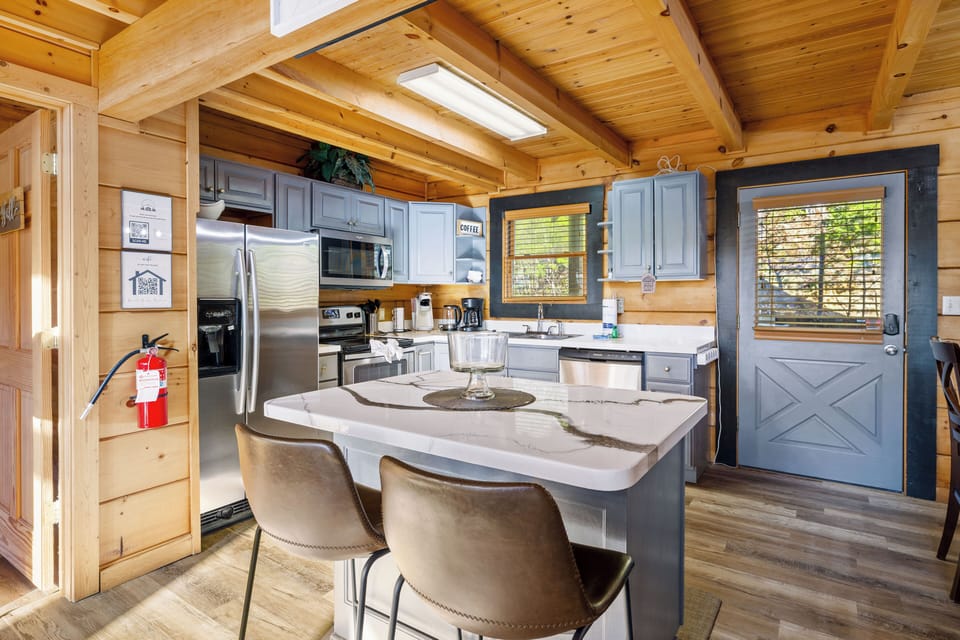 Island with barstools.