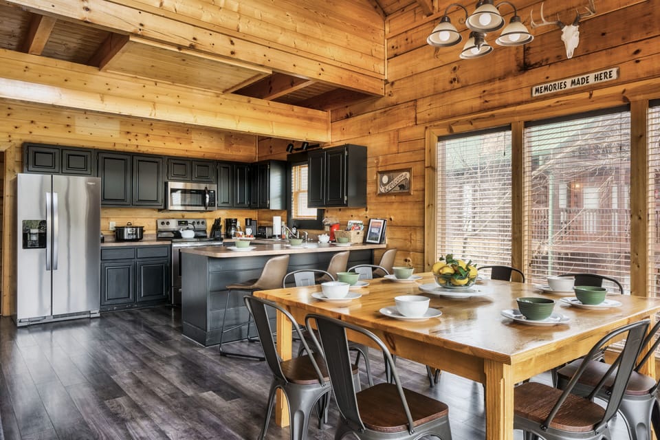Open kitchen and dining area. 
