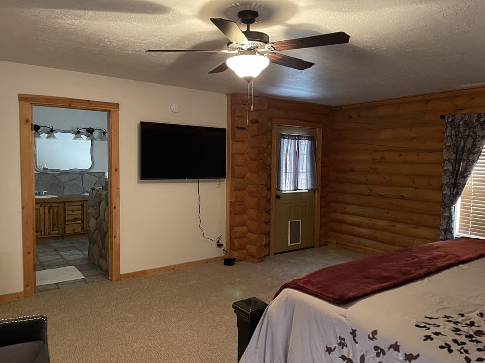 Another view of the master bedroom showing the T.V. and backdoor. 