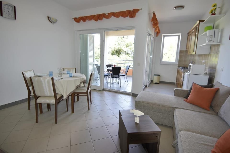 The living area with sofa bed, coffee table, dining table and chairs, kitchen.