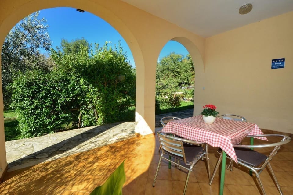 The large terrace at the entrance with table and chairs overlooking the garden.