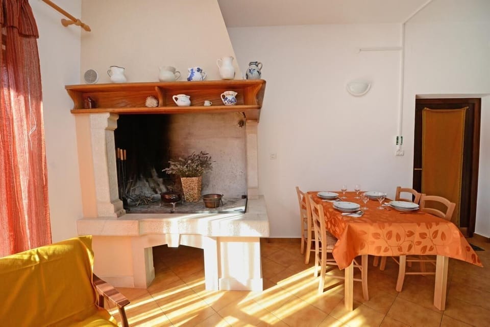 The dining table with chairs near the fireplace.