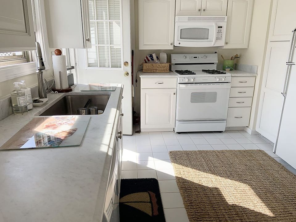 Kitchen with back door to patio.