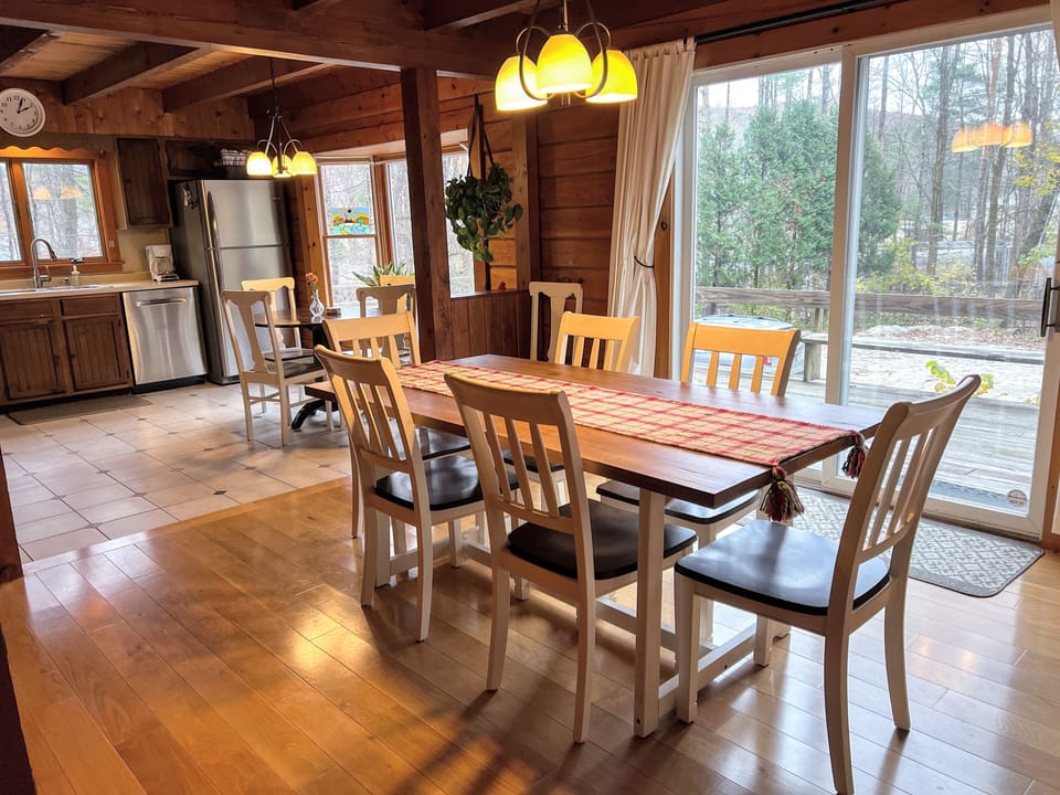 Open kitchen and dining areas.