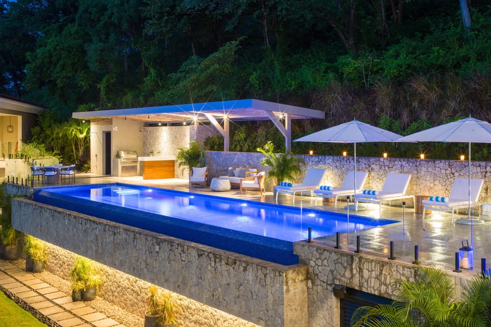 Night views of the pool area 