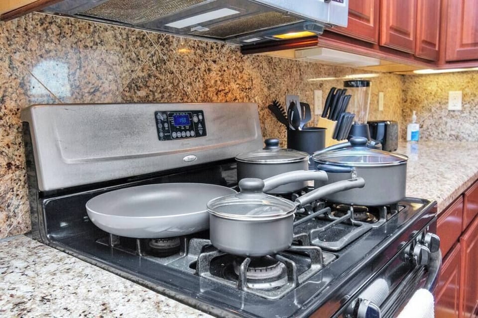 Kitchen is fully equipped with Pots and Pans to prepare home cooked meals during your stay. 