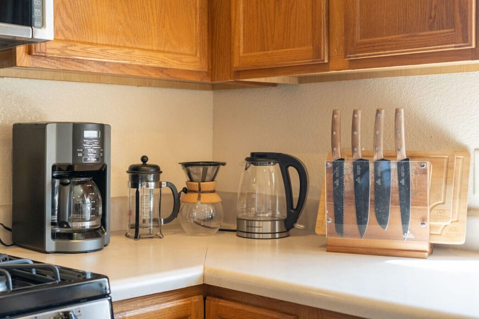 Coffee and kitchen essentials are ready for mornings before your next adventure.