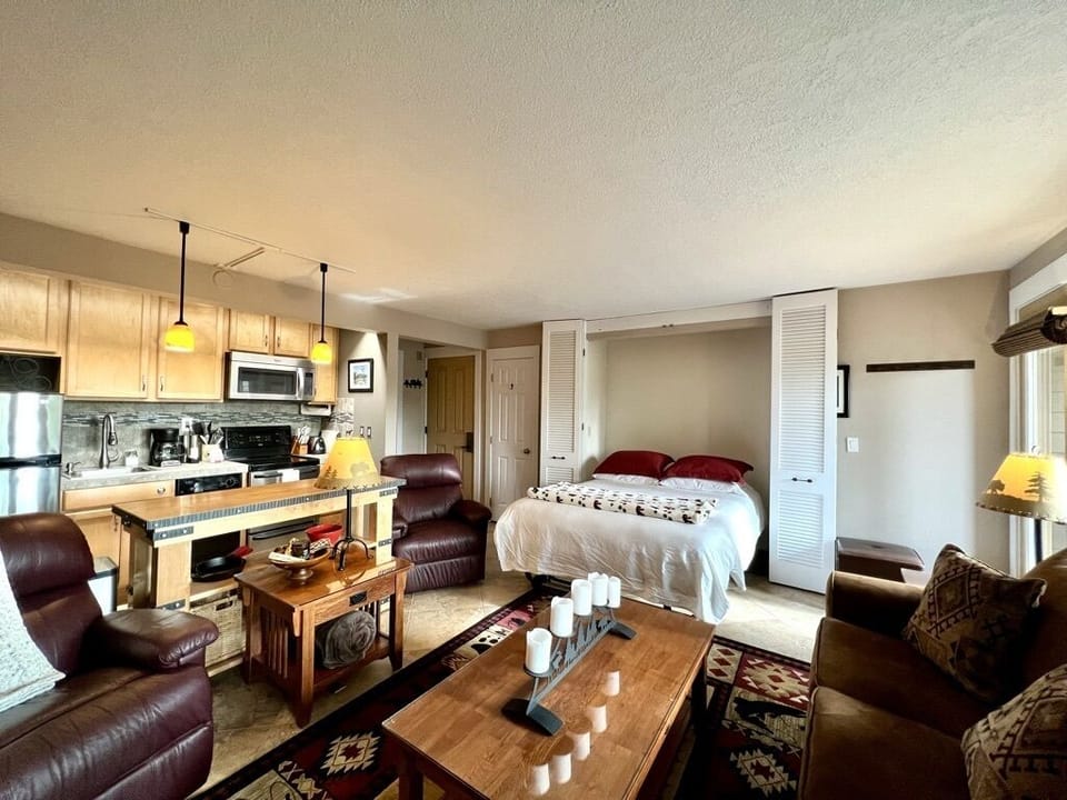 Living room with Murphy bed in the open position. Queen size, sleeps two.