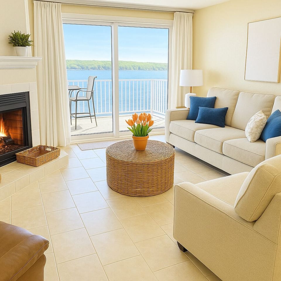 Huge living room with lake view sleeper sofa couch smart tv and lake view